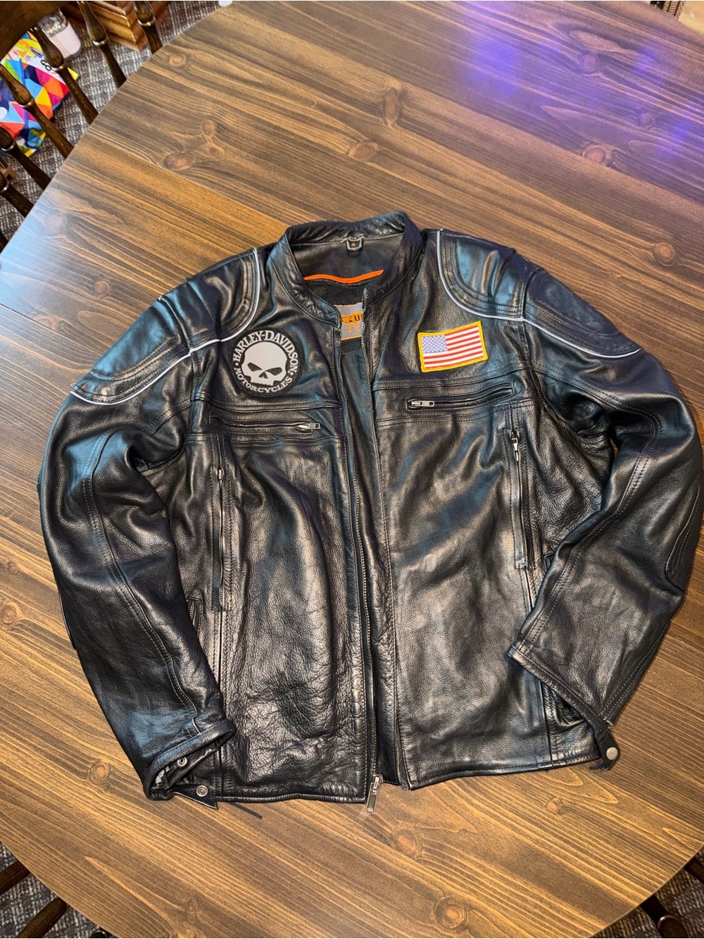 Harley-Davidson Black Leather Military Field Jacket with American Flag Patch